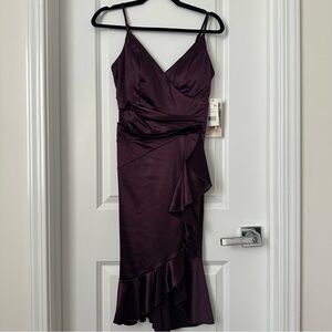 NWT. Spaghetti Strap V-Neck Faux Wrap Ruffle Hem Satin Midi Dress